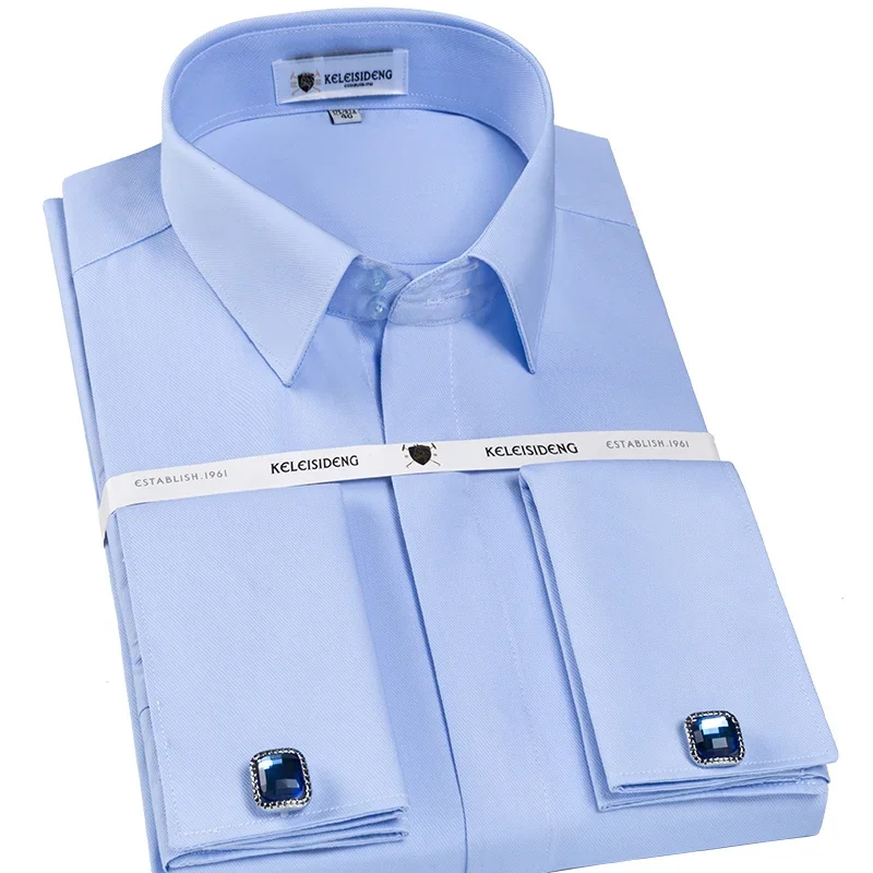 Mens French Cuff Tuxedo Shirts  Long Sleeve Solid Twill Elegant  Dress Shirt with Cufflinks Male Wedding Shirt