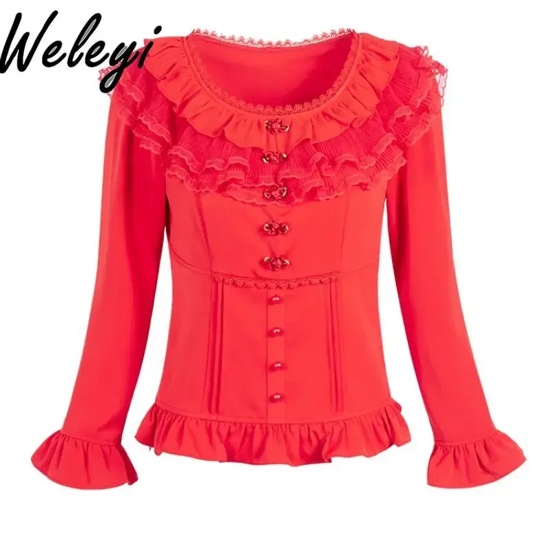 Ladies INS Red Top Shirts for Women 2024 Autumn New Sweet Round Neck Lace Long Sleeve Slimming Blouse Women Victorian Blouses