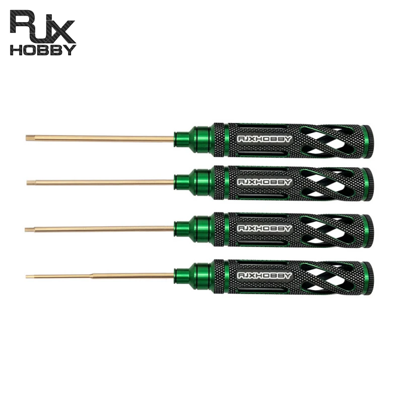 

RJXHOBBY Green Hex Screw Driver Set Knurled Grip HSS Titanium Plating Hardened 1.5mm 2.0mm 2.5mm 3.0mm For RC Helicopter Drone