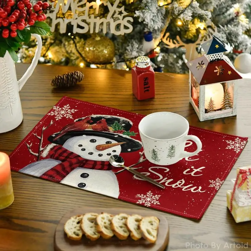 VIKAMA 4Pcs Christmas Snowman Placemats Red Snowflake Cardinal Bird Print Washable Dining Table Mats Xmas Holiday Home Decor
