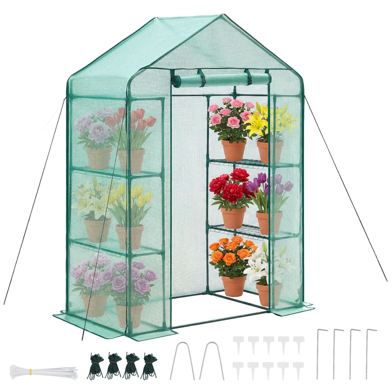 Walk-in Greenhouse, 55.5" x 28.3" x 78.7" Greenhouse for Outdoors with PE Cover, 2 Tiers 4 Shelves, Roll-Up Zipper Door, Walk in Green House, Portable Plant Garden Hot House for Backyard Outside