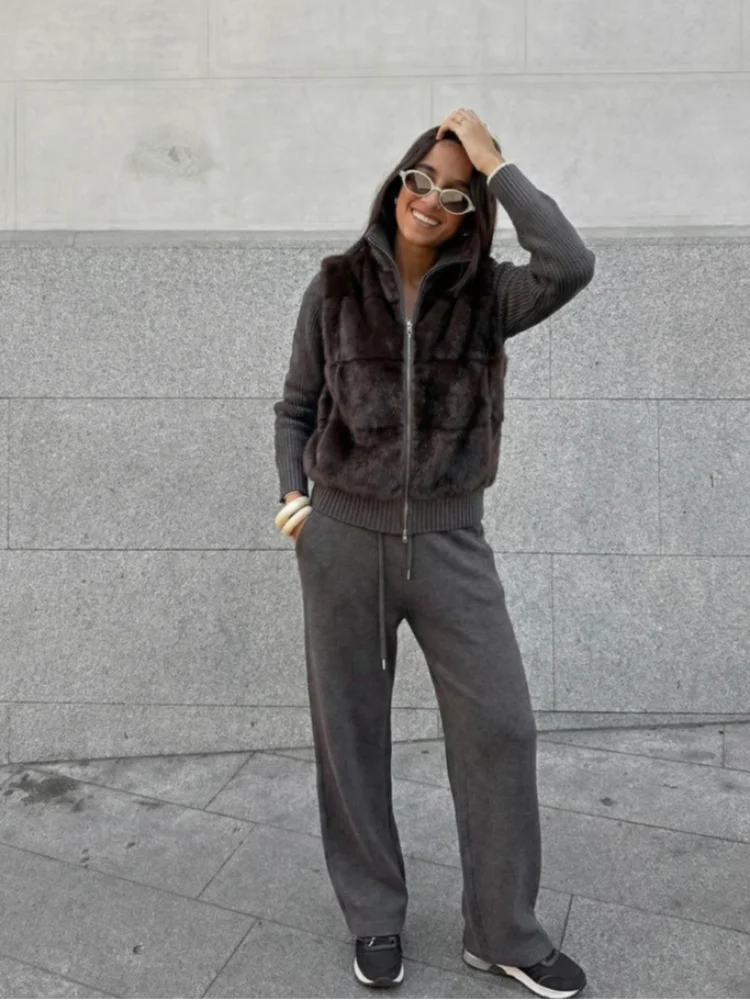 

Fashion Coat Pant Suit Chic Patchwork Faux Fur Knitted Stand Collar Zipper Jacket Wide Leg Drawstring Trouser Streetwear Set