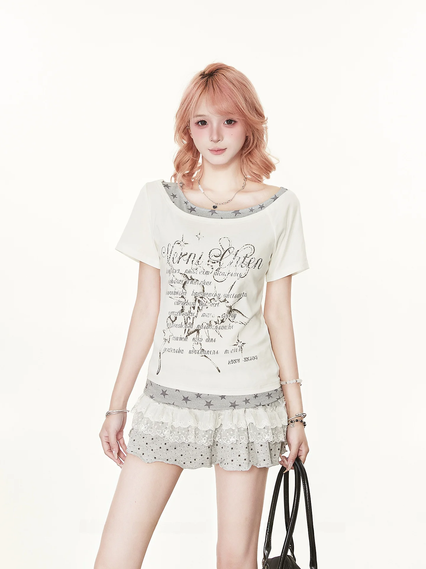American Style Splice Short Sleeve Slim Fit T-Shirt for Women Summer Print Waste Land Design Top Student Cotton Breathable