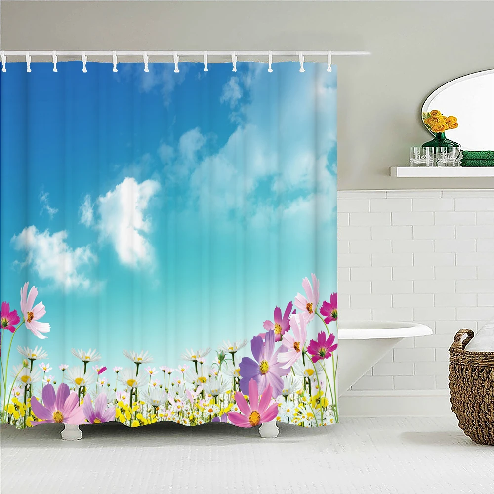 High Quality Blue Fresh leaf Printed Fabric Shower Curtain Plant Leaves Bath Screen Waterproof Bathroom Decor with Hooks