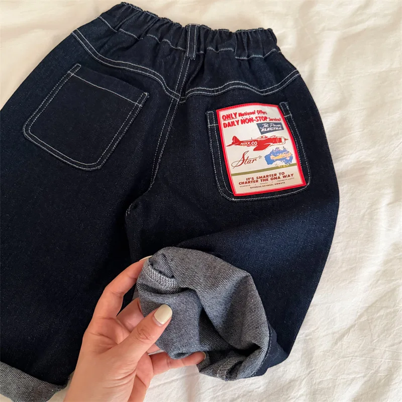 RAISE Children Long Pants Spring Sticker Pockets 2-10Y Kids Boys Denim Pants Loose Elastic Waist Toddler Baby Boys Straight Pant