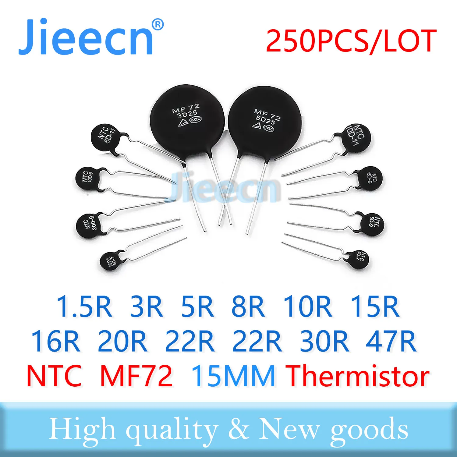 Termistor NTC de 15MM de potencia, 250 piezas, 3D-15, 5D-15, 8D-15, 10D-15, 15D-15, 16D-15, 20D-15, 22D-15, 1.5R, 3R, 5R, 8R, 10R, 15R, 16R, 22R, 30R, 47R