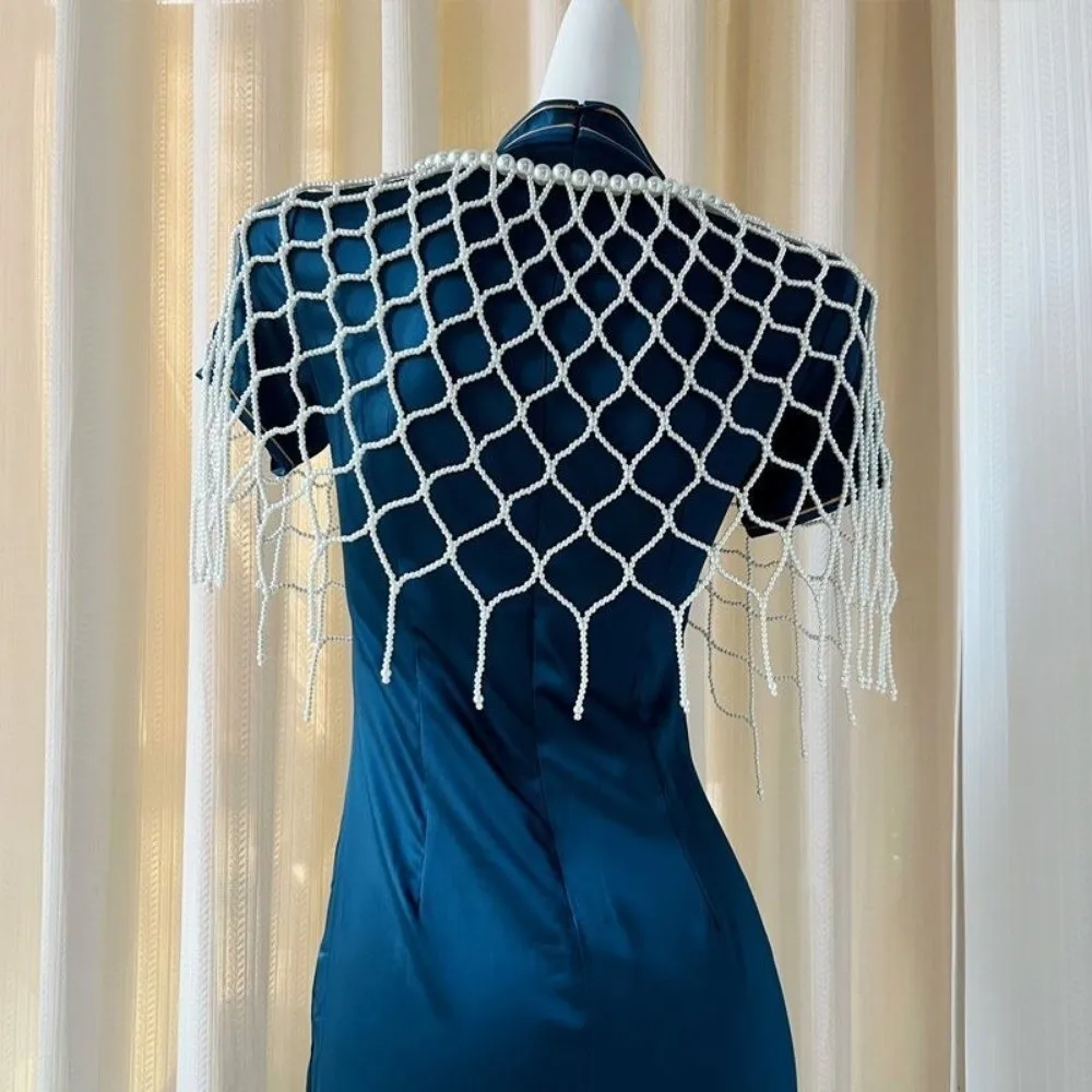 

Элегантная ажурная свадебная накидка с жемчугом, жемчужная цепочка на плечо ручной работы, расшитая бисером, свадебные накидки для платья