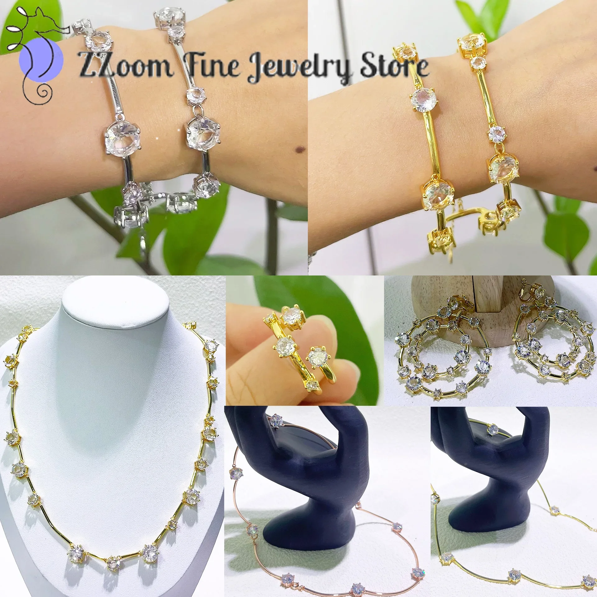 

Original High Quality Fashion Fine Jewelry Set Luxury Shiny Gold Silver Crystal Necklace Bracelet Large Hoop Earrings Women Gift