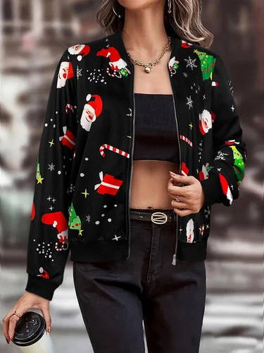 Imagen 1 del producto Linda chaqueta bomber con estampado navideño de presagio, patrones de Papá Noel y bastón de caramelo, abrigo de manga larga con cremallera, súper festivo para vacaciones