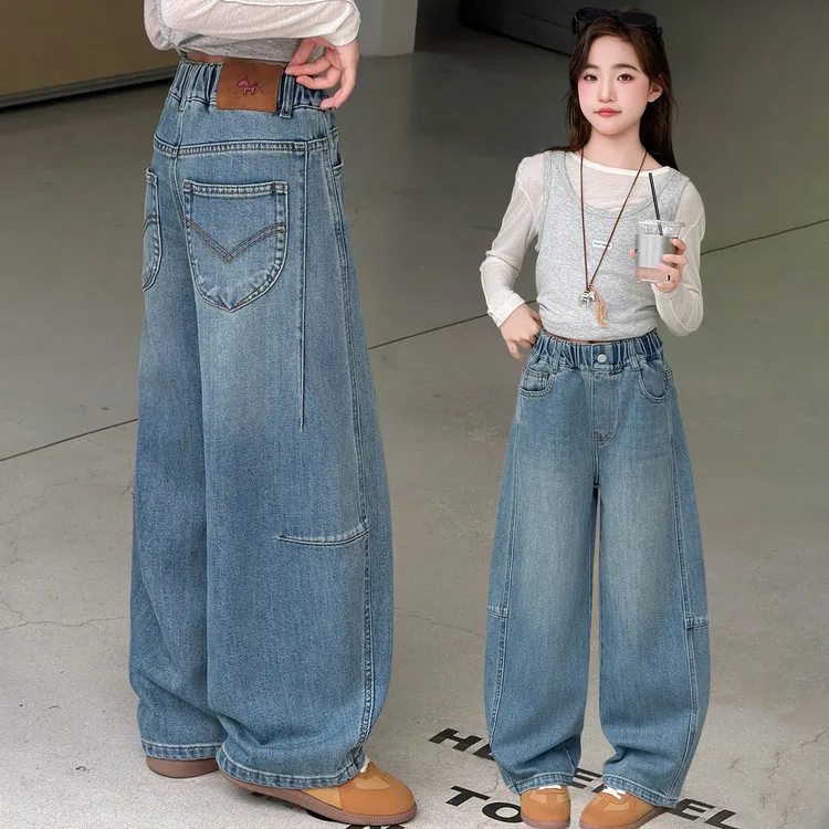 Teen Girls Casual Loose Straight Denim Pants Children‘s Fashion Vintage Wide Leg Baggy Jeans for Kids Spring Fall Trousers