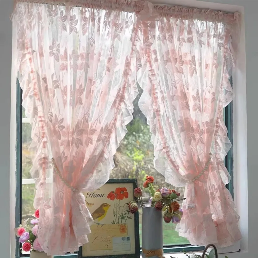 Luxury Pink Piercing Ruffled Door Curtain for Living Room Screen Self Adhesive Gauze Short Window Half Gaze Drapes