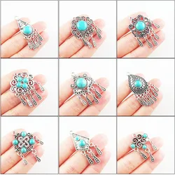 Fashion New Turquoise Stone Charms Flower Teardrop Crown Shield Tibetan Silver Plated Tassels Pendants Retro