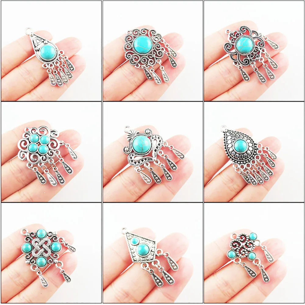 Fashion New Turquoise Stone Charms Flower Teardrop Crown Shield Tibetan Silver Plated Tassels Pendants Retro