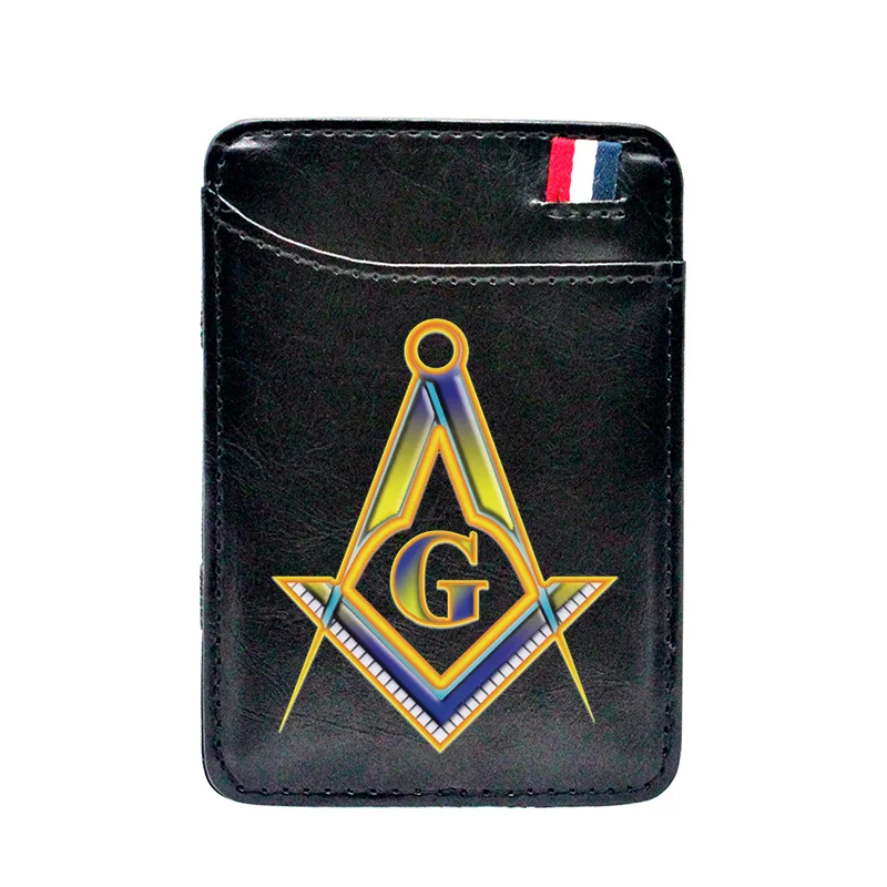 

New Arrivals Masonic Logo Printing Pu Leather Mini Small Magic Wallets Purse Pouch Plastic Credit Bank Card Case Holder