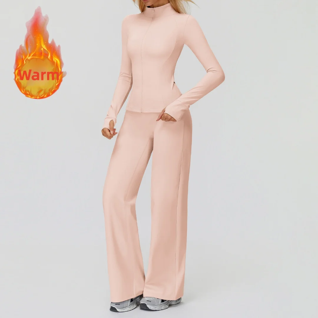 

Windproof Warm Fleece Yoga Set Fitness Sports Casual Pants Long Sleeves Zipper Outdoor Running Workout Clothes Gym Sportswear