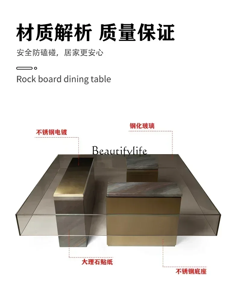LXFItalian Minimalist Designer Coffee Table Tempered Glass Square Pier Table Living Room Stainless Steel Tea TableASSS