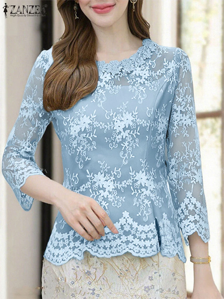 

ZANZEA Womens Elegant Embroidered Tulle Blouses Fashion Lace Patchwork O-Neck 3/4 Sleeve Sheer Blusas Mujer Summer Graceful Tops