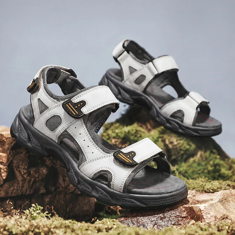 Summer open-toed first-layer cowhide men's and women's beach shoes soft-soled fashion large-size outdoor leisure sports sandals