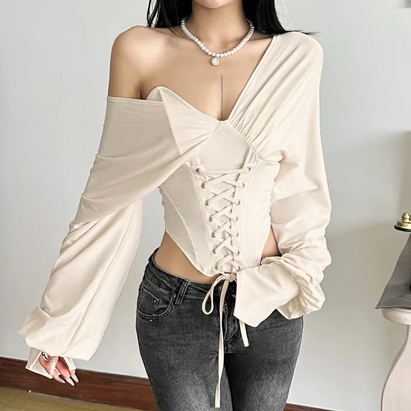 

New Women Sexy Slim Fit Street Fashion Slash Neck Backless Long Sleeved T-shirt Spring Autumn Solid Strapless Girdling Crop Tops
