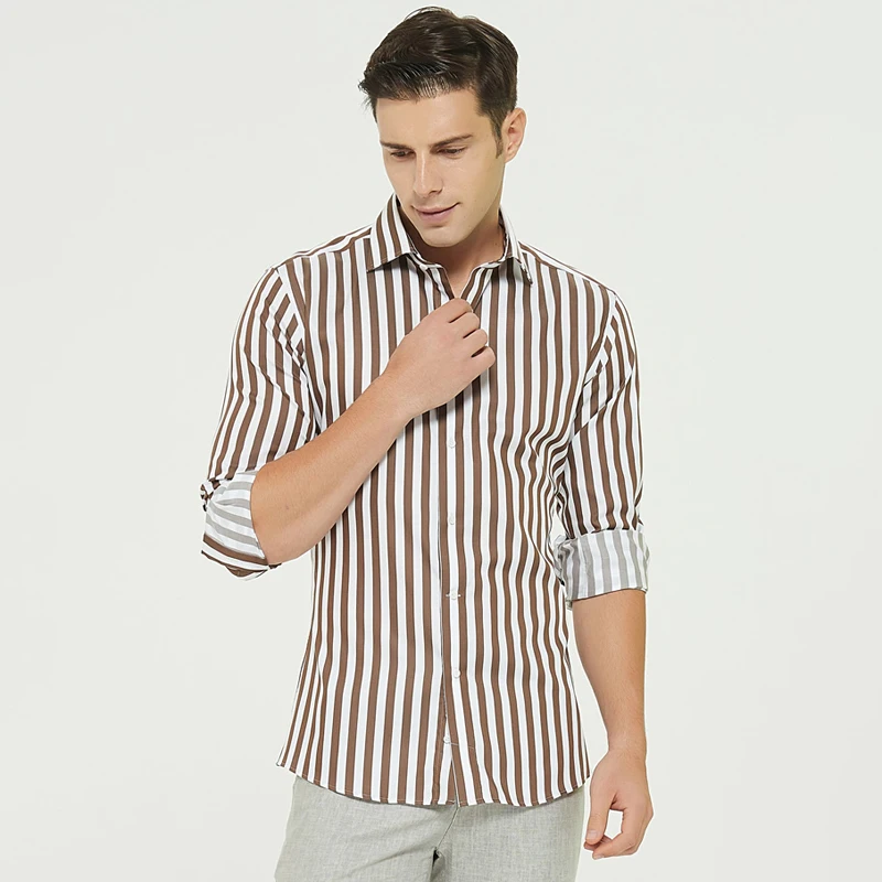 Square necked men\'s long sleeved shirt 100% cotton wide stripes fashionable and casual spring and autumn new style shirt men