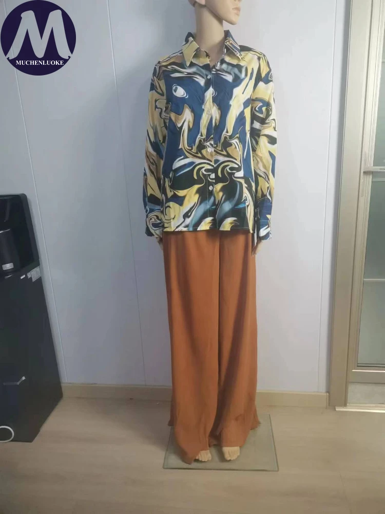 Completo da donna con colletto rovesciato a maniche lunghe, set di pantaloni con lacci a vita alta, moda per il tempo libero, estate, nuova stampa, 2 pezzi