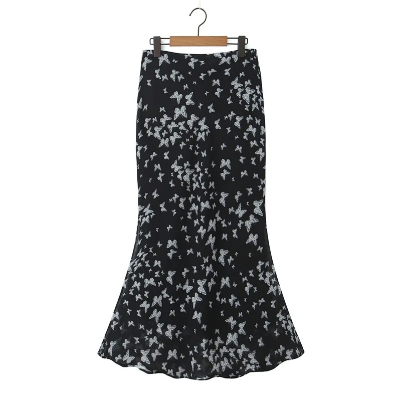 Halflange rok van chiffon met hoge taille en vlinderprint, oversized retro rok met hoge taille en billenprint, dameskleding