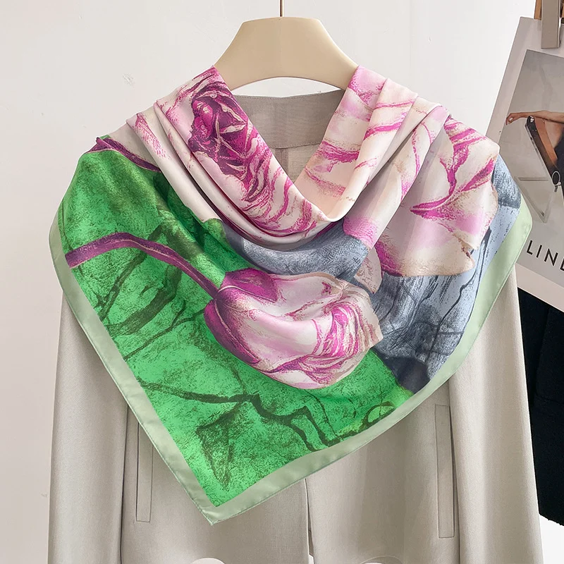 2024 Luxury Design 90X90CM Printed Women\'s Silk Stain Bandana Muffle Rectangle Shawl Square Collar Fashion Handkerchief Foulard