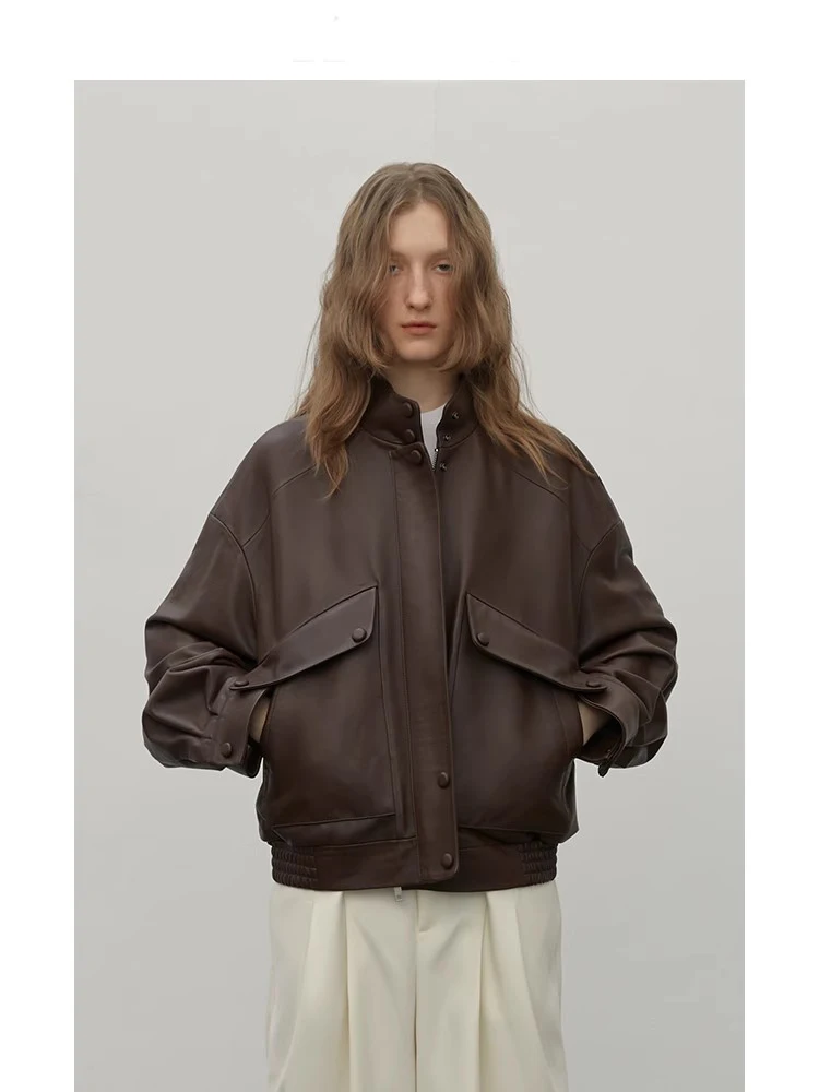 

Lautaro Spring Autumn Cool Soft Brown Pu Leather Jacket Women Long Sleeve Zippper High Quality Luxury American Retro Clothing