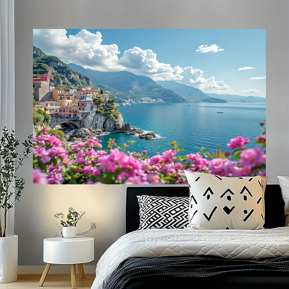 Design Elegant Wall Tapestry, Vibrant Amalfi Coast Scene with Pink Flowers & Blue Waters, High-Quali