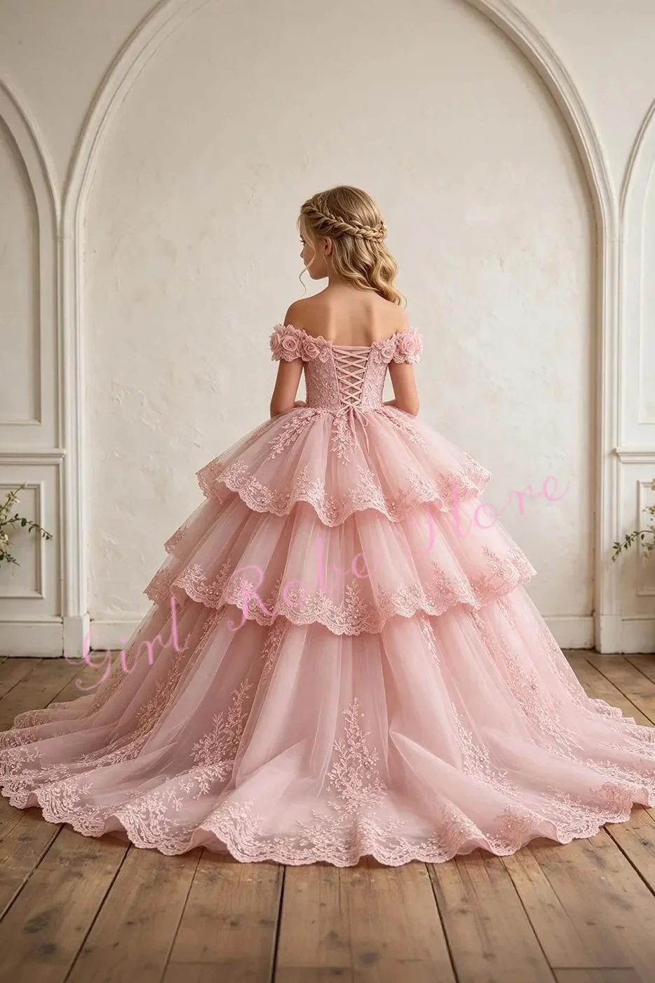 Gorgeous Flower Girl Dress For Wedding Backless Tiered Tulle Appliques Floral Kids Evening Banquet Birthday Ball Gown Customized