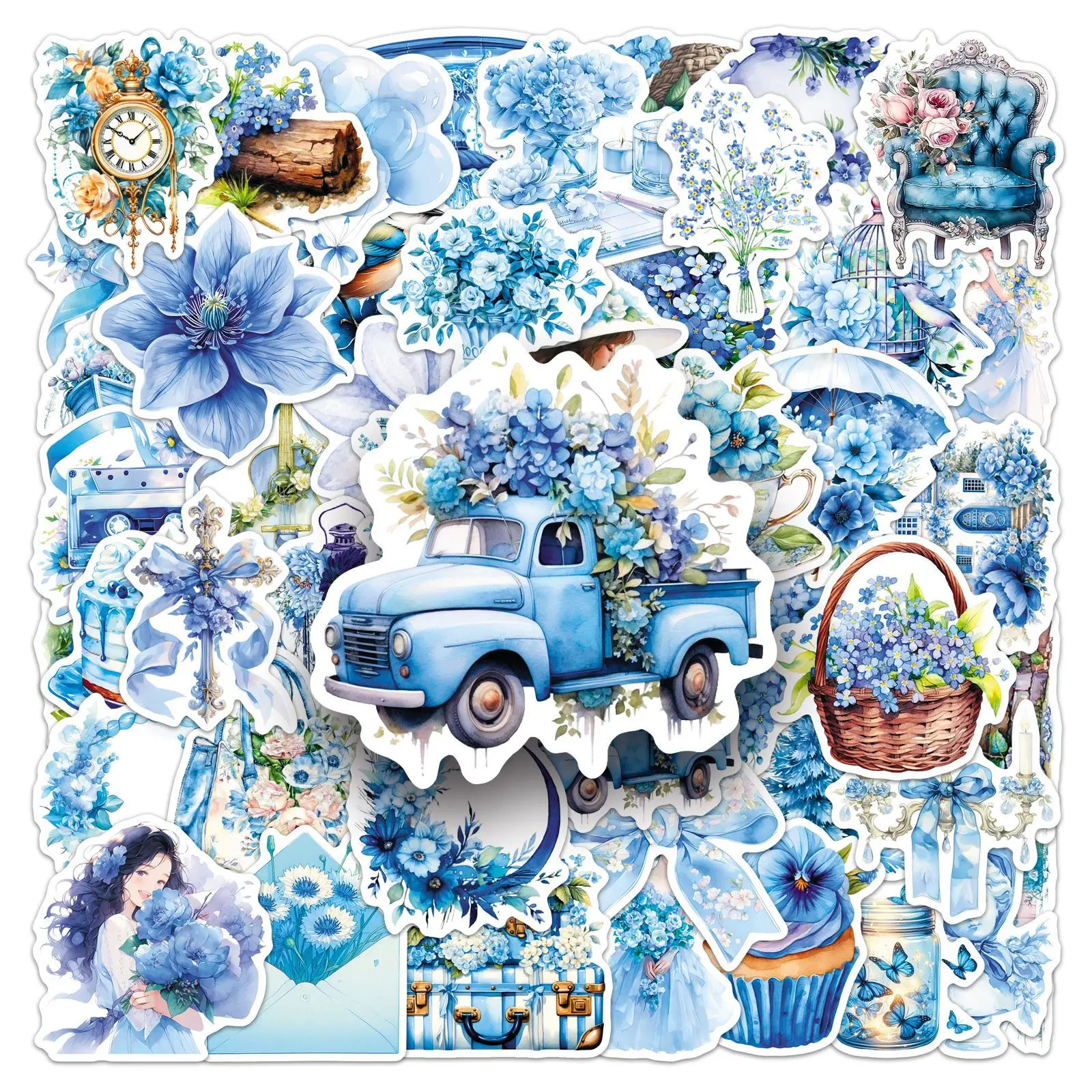 

50PCS Cartoon Blue INS Style Stickers Creative Decoration Mobile Phone Case Notebook Water Cup Skateboard Waterproof Toys Gifts