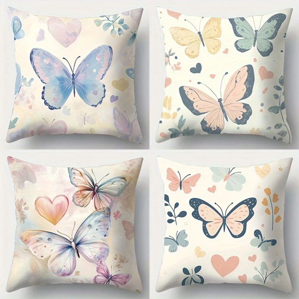 4pcs Leaf and flower butterfly Single-sided printing Short plush Suitable living rooms bedrooms sofas (excluding pillow cores)