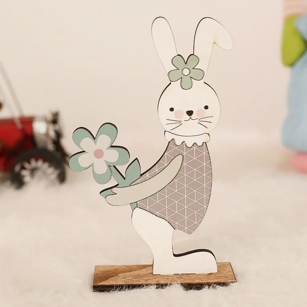 Wood Crafts Easter Rabbit Ornaments DIY Cute Carrot-holding Rabbit Figurine Cartoon Painted Rabbit Ornaments Spring Decor