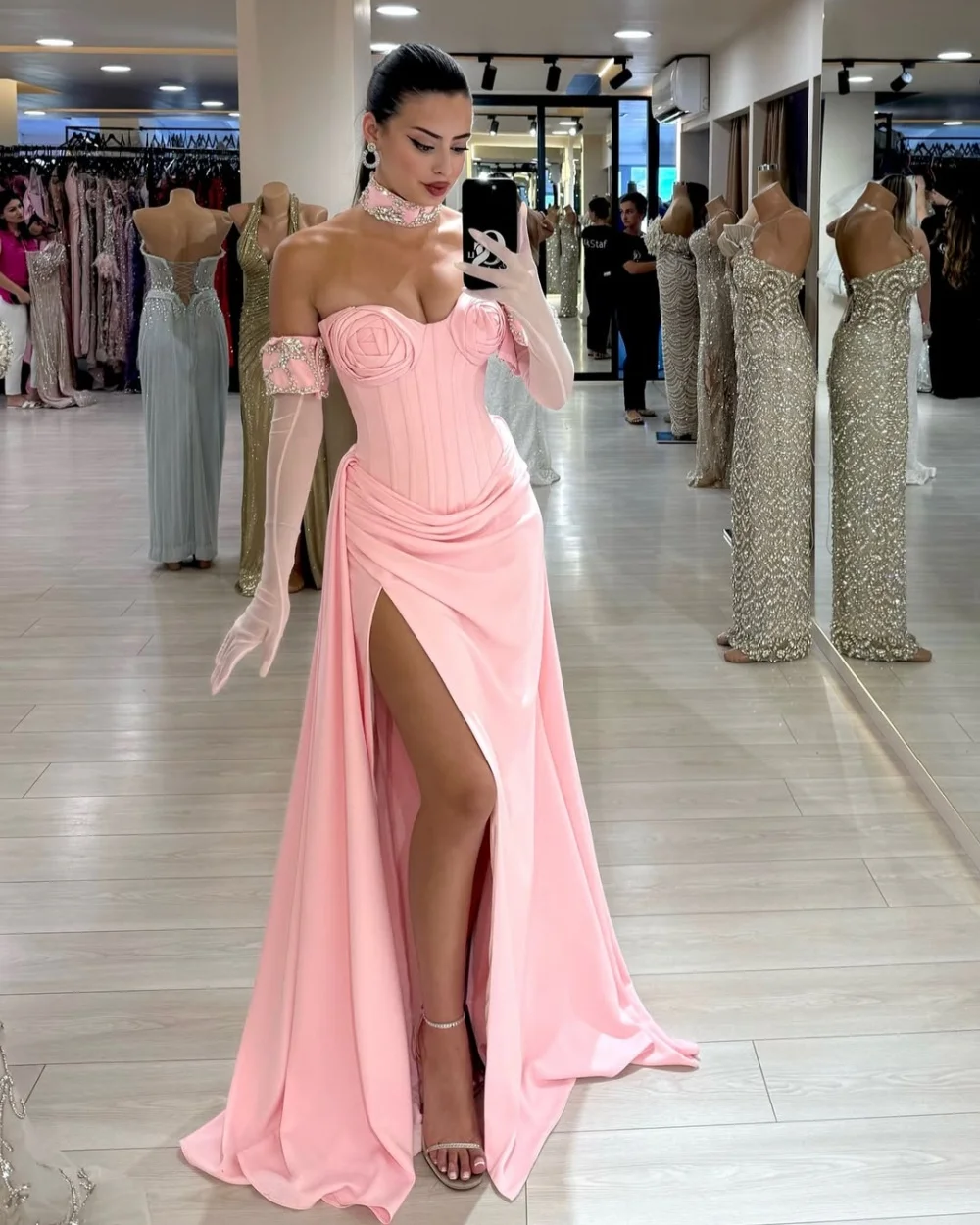 

Customized Modern Style Classic Jersey Handmade Flower Rhinestone Straight Sweetheart Long Dresses Bespoke Occasion Dresses