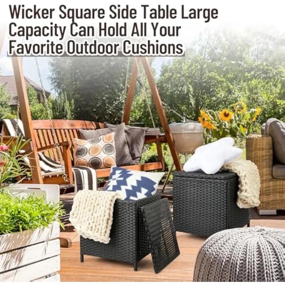 2 Pcs Wicker Side Table Storage PE Rattan Wicker Small Patio Outdoor Storage Box 11.8 Gallon Square Outdoor Foot Stool Footrest