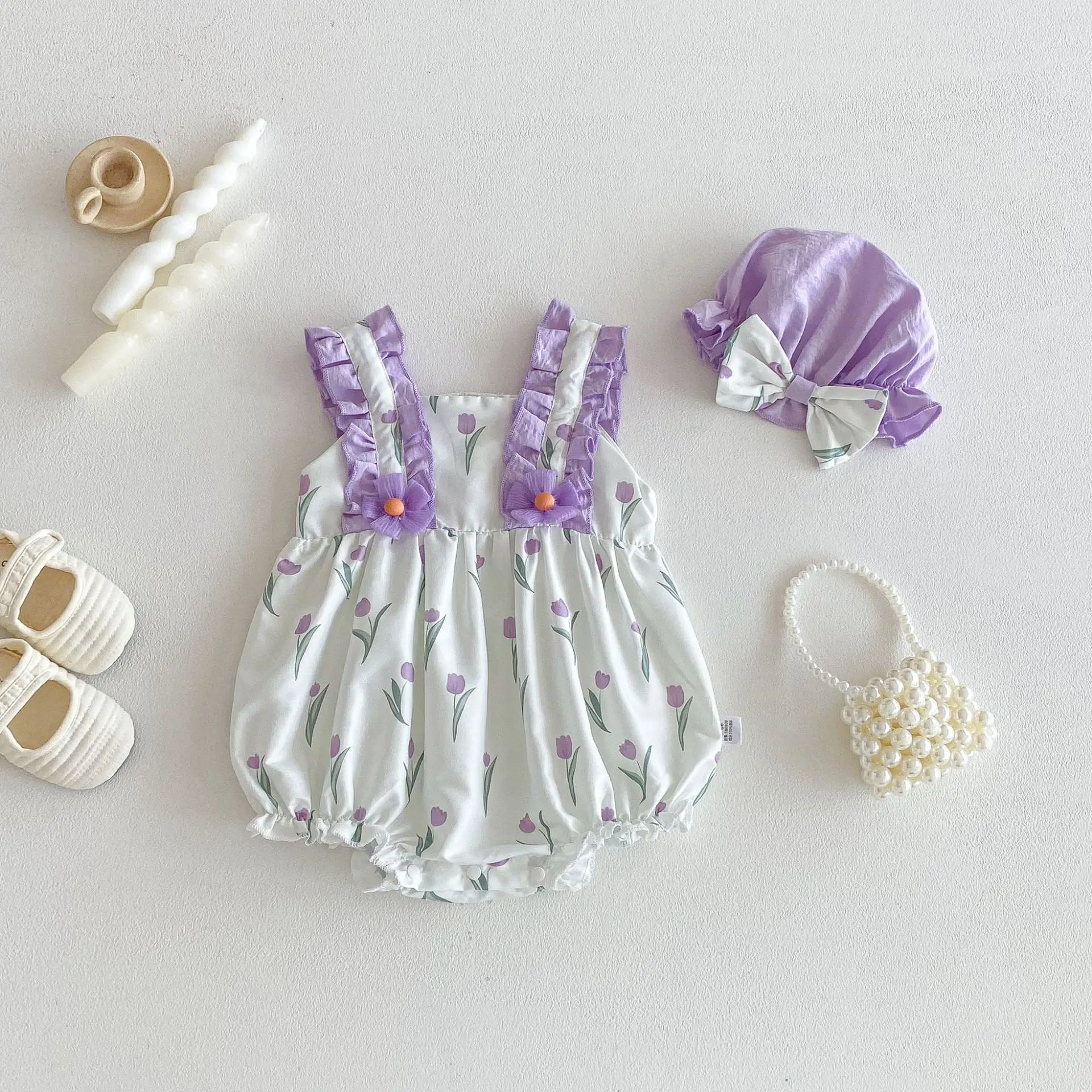 Summer Baby Camisole Cross Border Style Sweet Tulip Print Bag for Baby Girls, Princess Jumpsuit