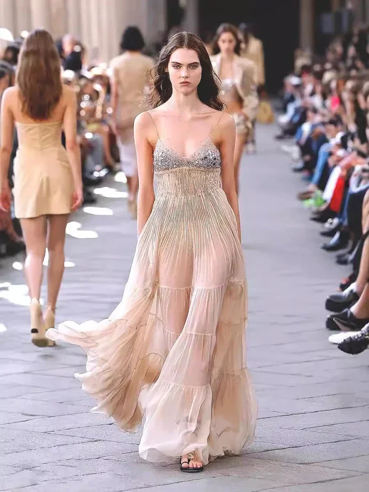 

Sexy Spaghetti Strap Sequin Patchwrok Pleated Dress Women Beige Sleeveless V Neck A-line Long Dresses Evening Party Cocktail