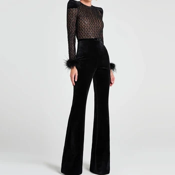 Women Patchwork Velvet Slim Party Rompers 2025 Long Sleeve Feather Combination Luxury Lattice High Waist Wide Leg Long Jumpsuit