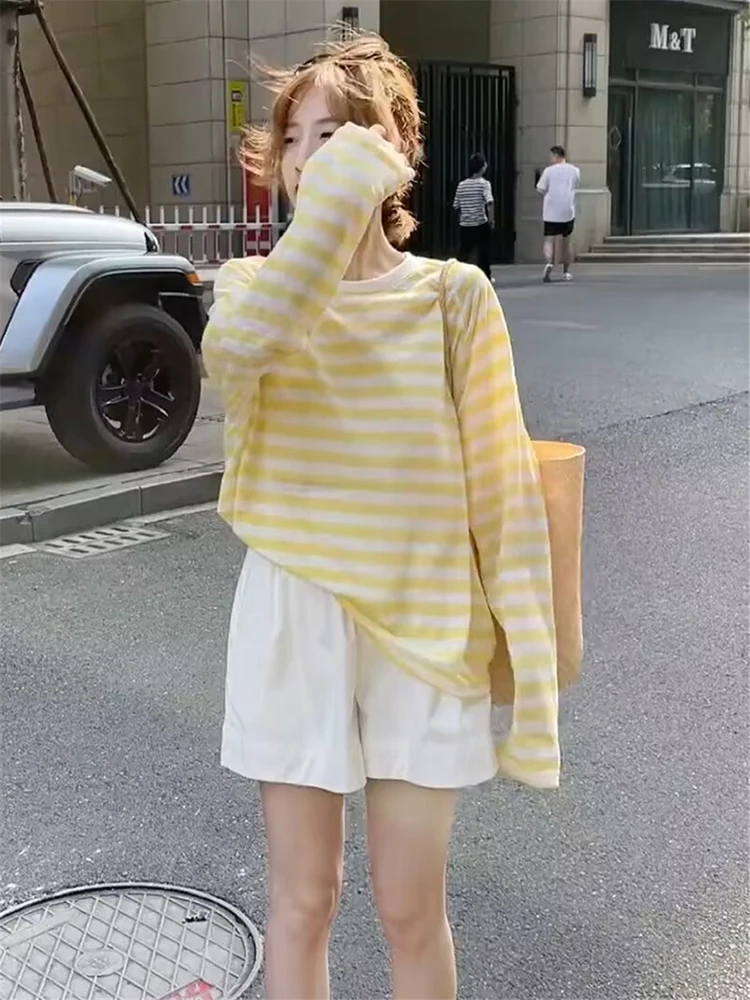 Fashion Striped Thin Sun Protection Shirt Women's Pullover Summer 2024 New Casual Loose Long Sleeve T-shirt Bottoming Top