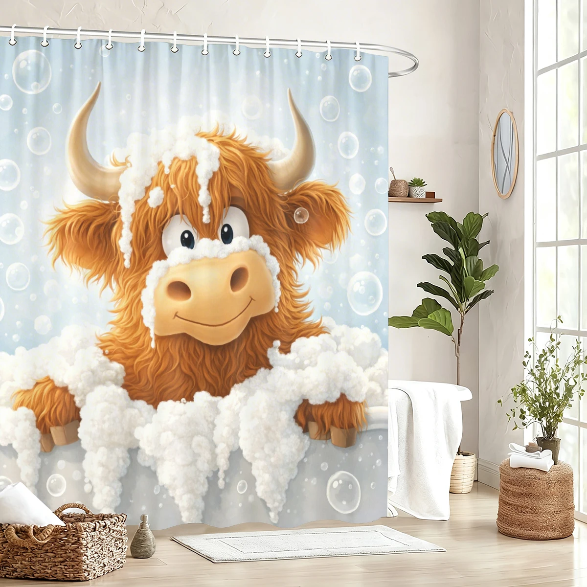 

Cute Highland Cow Pattern Polyester Shower Curtain - Adorable Bathroom Decor, Fun Bathing Scene Themed Bath Curtain