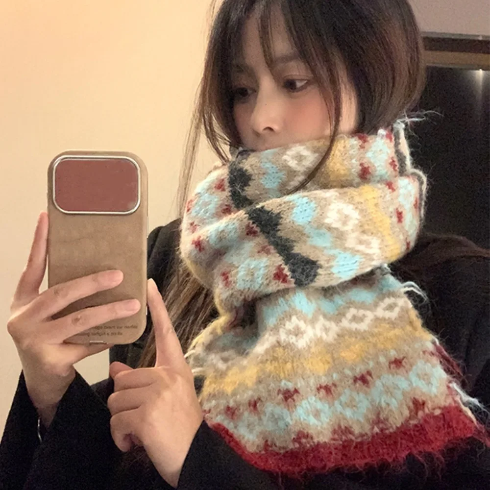 

Retro Warm Jacquard Knitted Scarf Wool Vintage Fair Isle Style Scarf Printed Cold Protection Winter Wool Neckerchief Girls