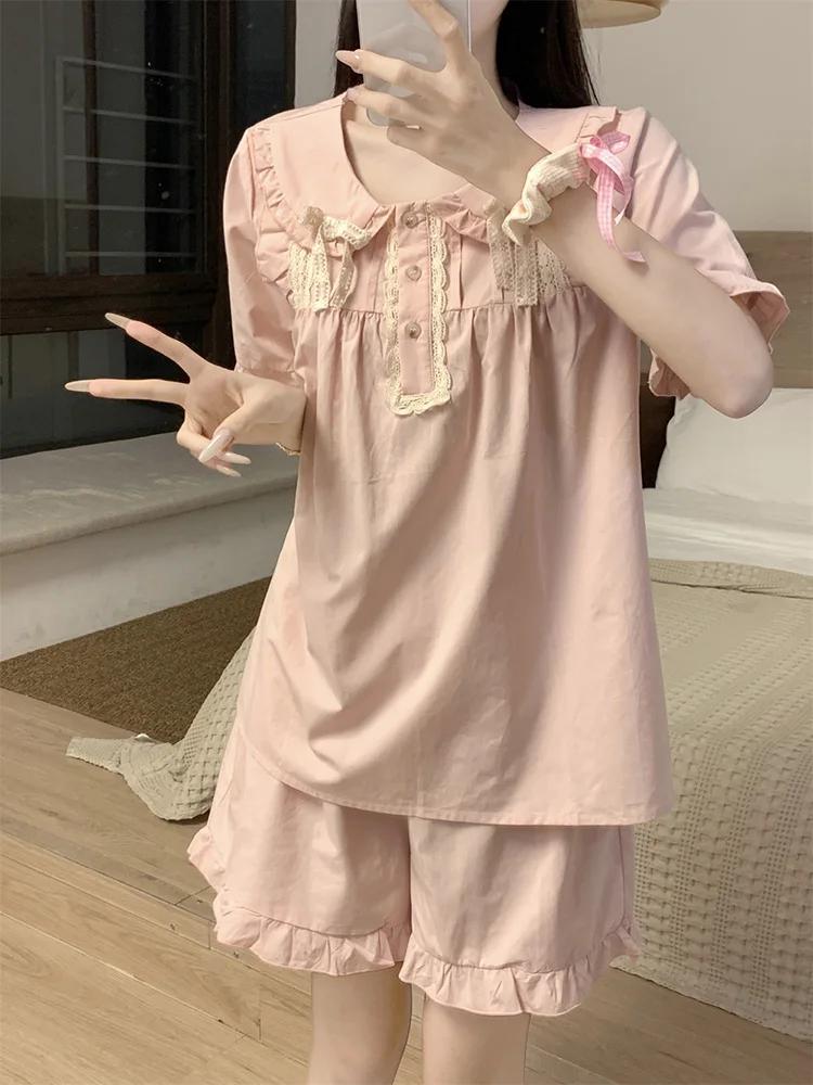 

New Solid Simple Sweet Princess Short Sleeve Summer Pink Pajama Set Women Loose Cotton Elegant Casual Real images Sleepwear Ins