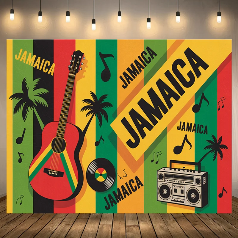 Wall Tapestry Jamaica Reggae Music Print Hanging Cloth Tropical Caribbean Party Background Cloth GuitarPalm TreeThemed HomeDecor