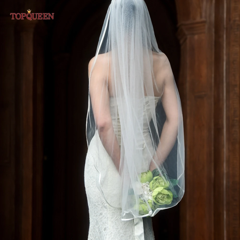 TOPQUEEN V14 nastro bordo velo da sposa veli da sposa corto 1 livello elegante velo da sposa Rochii lungo con pettine morbido Veu