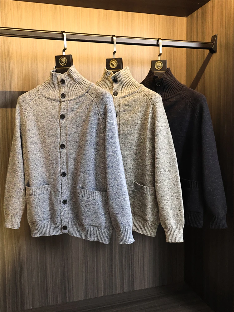 

Ele Pure Color Knitted Sweater for Men with Button Stand Collar Autumn Winter Faion Urban Sle Long Sve Woolen Card...