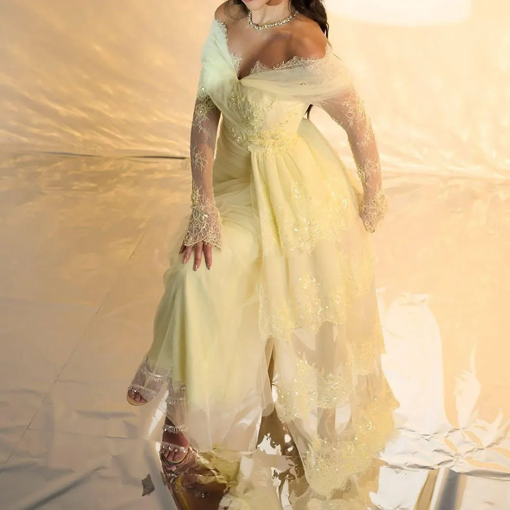 Customized A-line Evening Dresses Floor-length Off The Shoulder Full Sleeve Prom Gown Fashion Lace Sequined Draped Party Gown