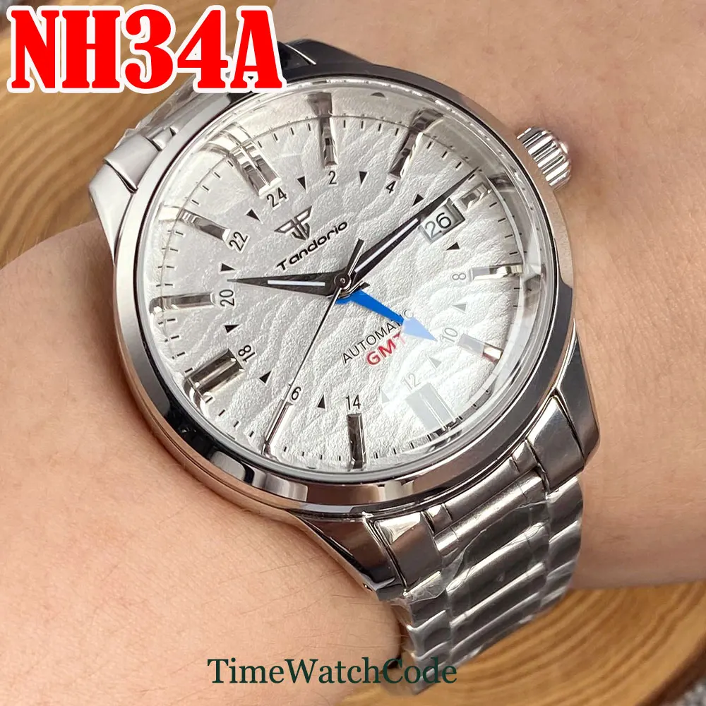 Tandorio NH34A GMT Movement Automatic Watch for Men 10ATM Water Resistance Texture Dial Bow Domed Sapphire Crystal 40mm