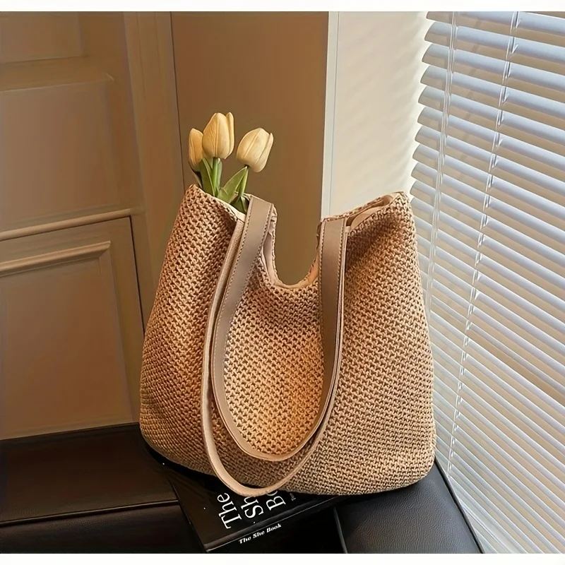 

1PCS Fashion Trend Simple Large Capacity Bag for Women 2025 Summer New Straw Bag Beach Vacation Shoulder Tote Bag