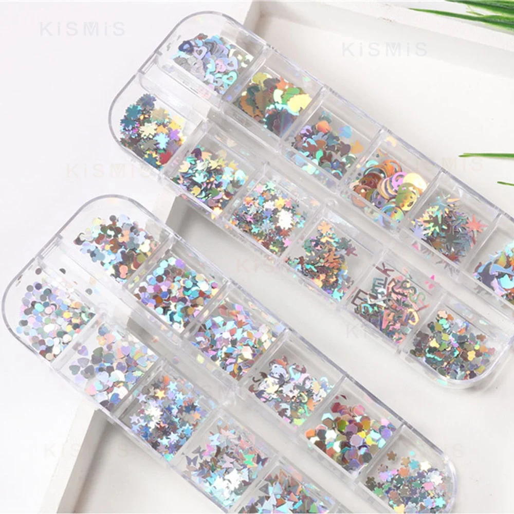 1 Box 12 Grids Holographic Nail Glitter Sequins Sparkly 3D Thin butterfly round stars geometric sequin Flakes Polish Decorations