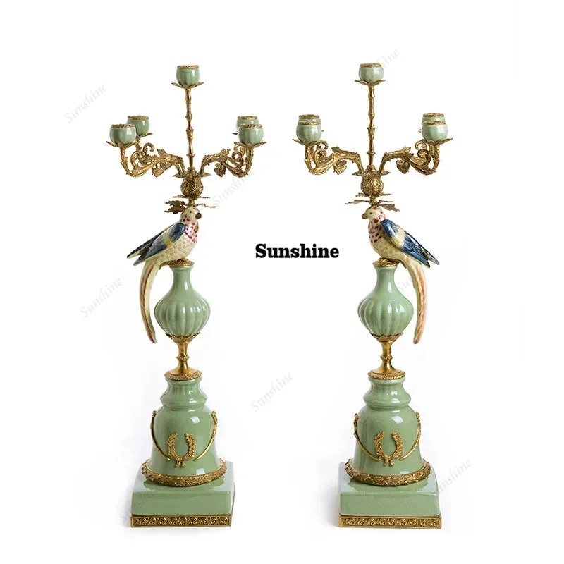 Luxury Home Decor Parrot Porcelain Candlestick Bird Multi 5 Heads Brass Ceramic Candle Holder for Wedding Decoration